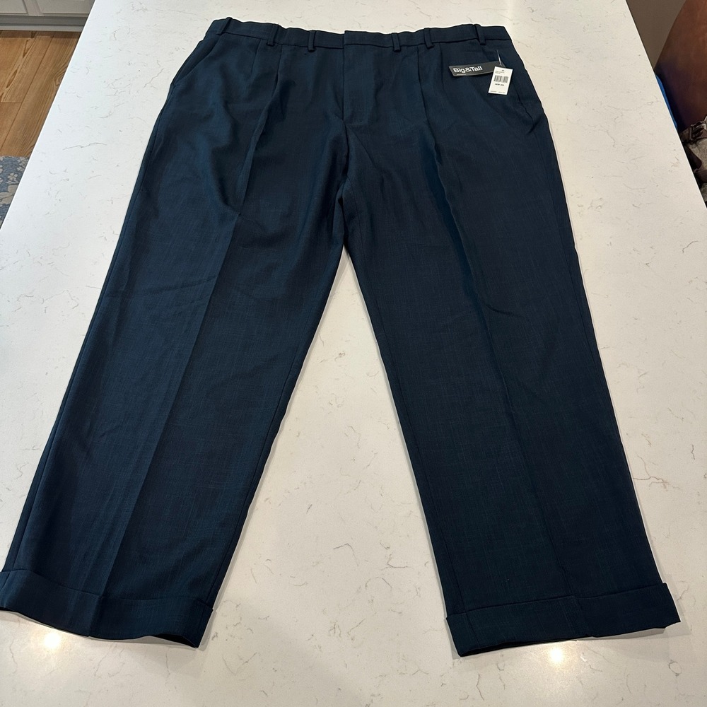 Van Heusen Studio Big & Tall Pleated Dress Pants 46x30 Navy Blue Extender Waist